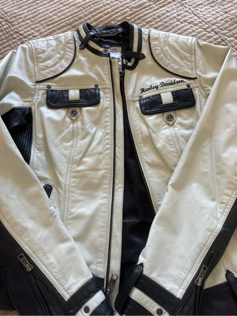 Harley-Davidson White and Black Leather Bomber Jacket